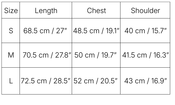 Clairière T-shirt size chart, organic cotton, regular fit measurements