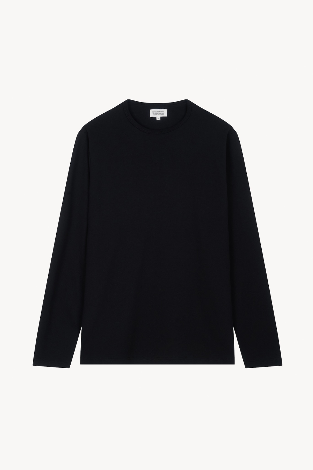 Front view of AURETEMPHE black organic cotton long sleeve t-shirt.