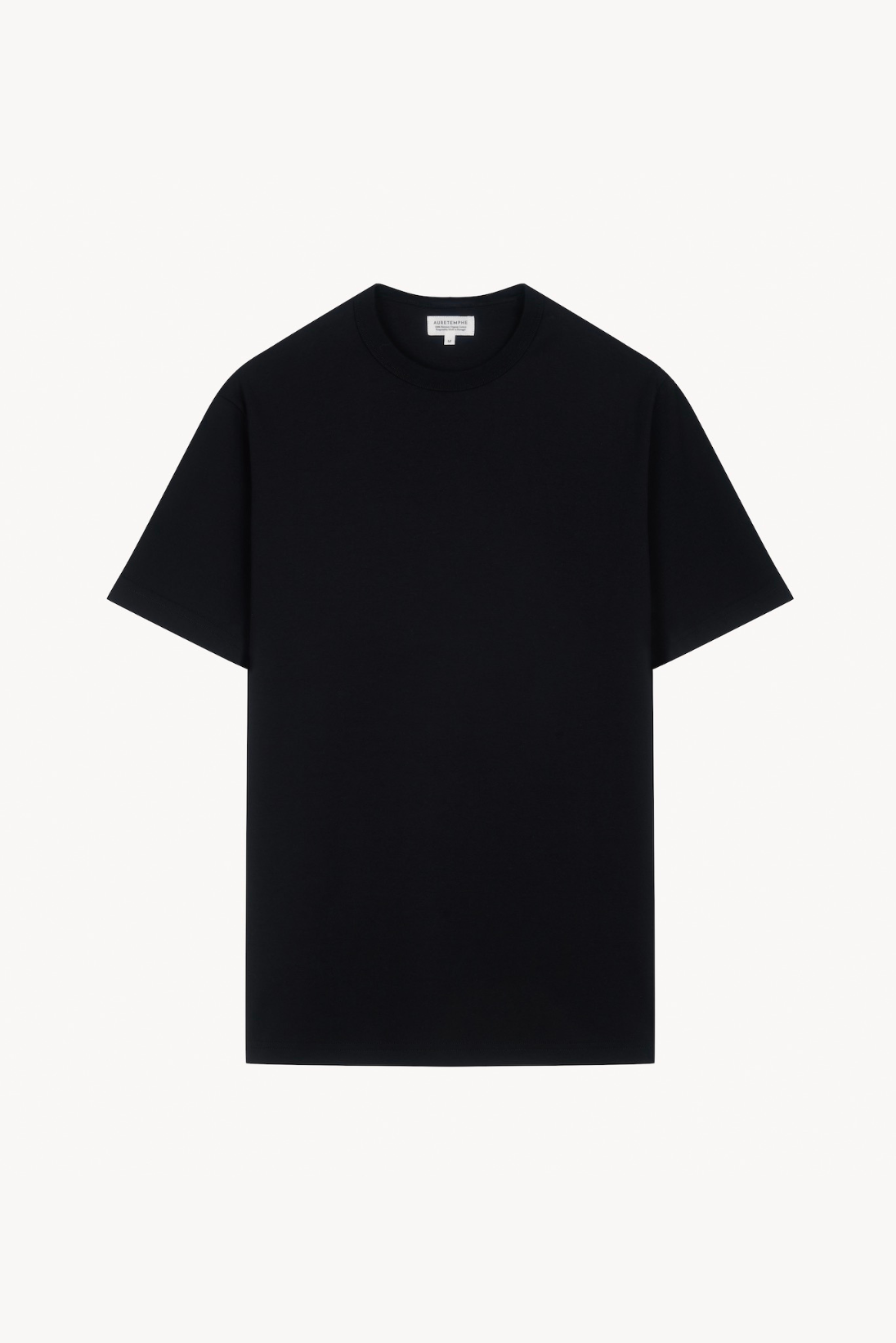 Front view of AURETEMPHE black organic cotton short sleeve t-shirt.