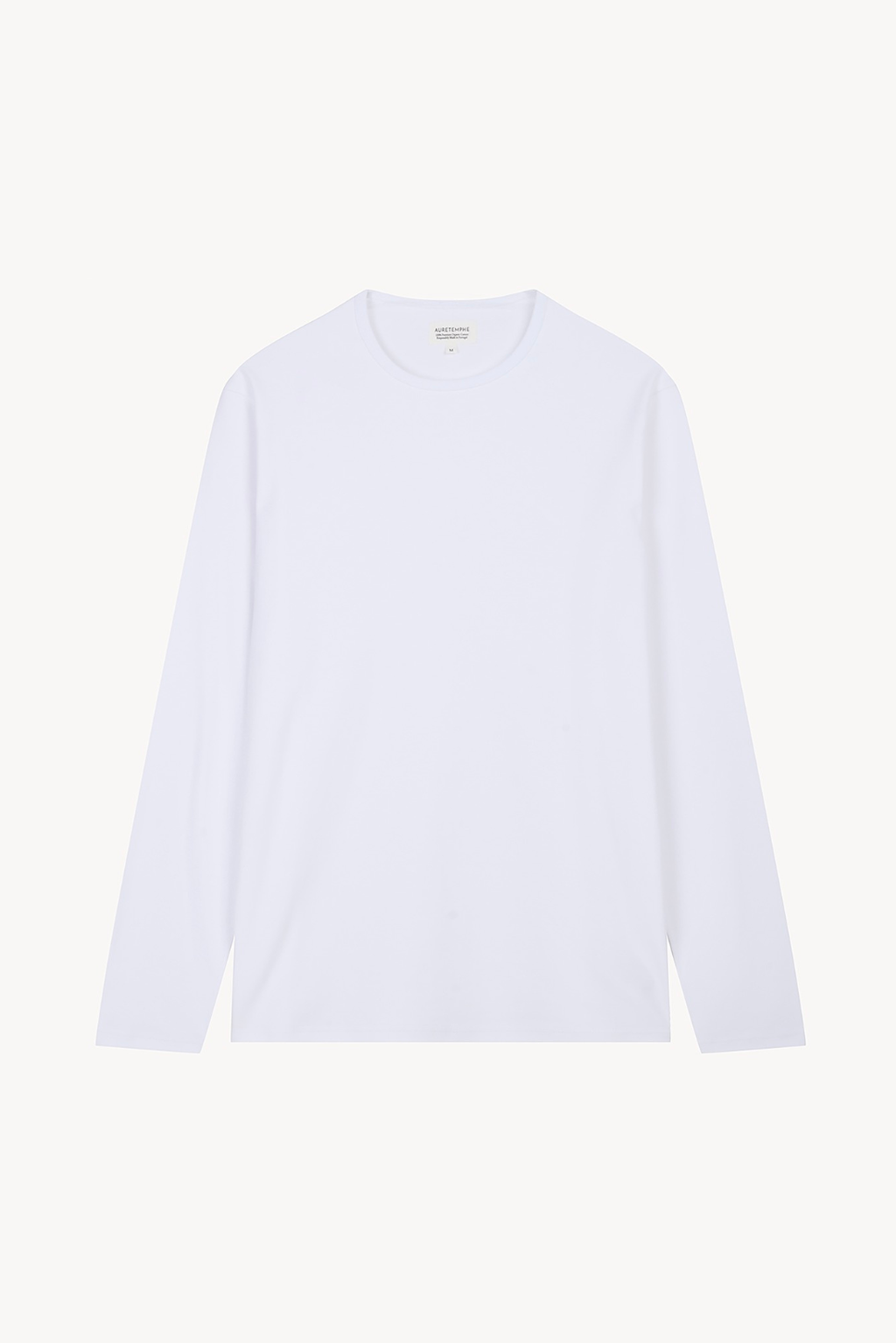 Front view of AURETEMPHE white organic cotton long sleeve t-shirt.