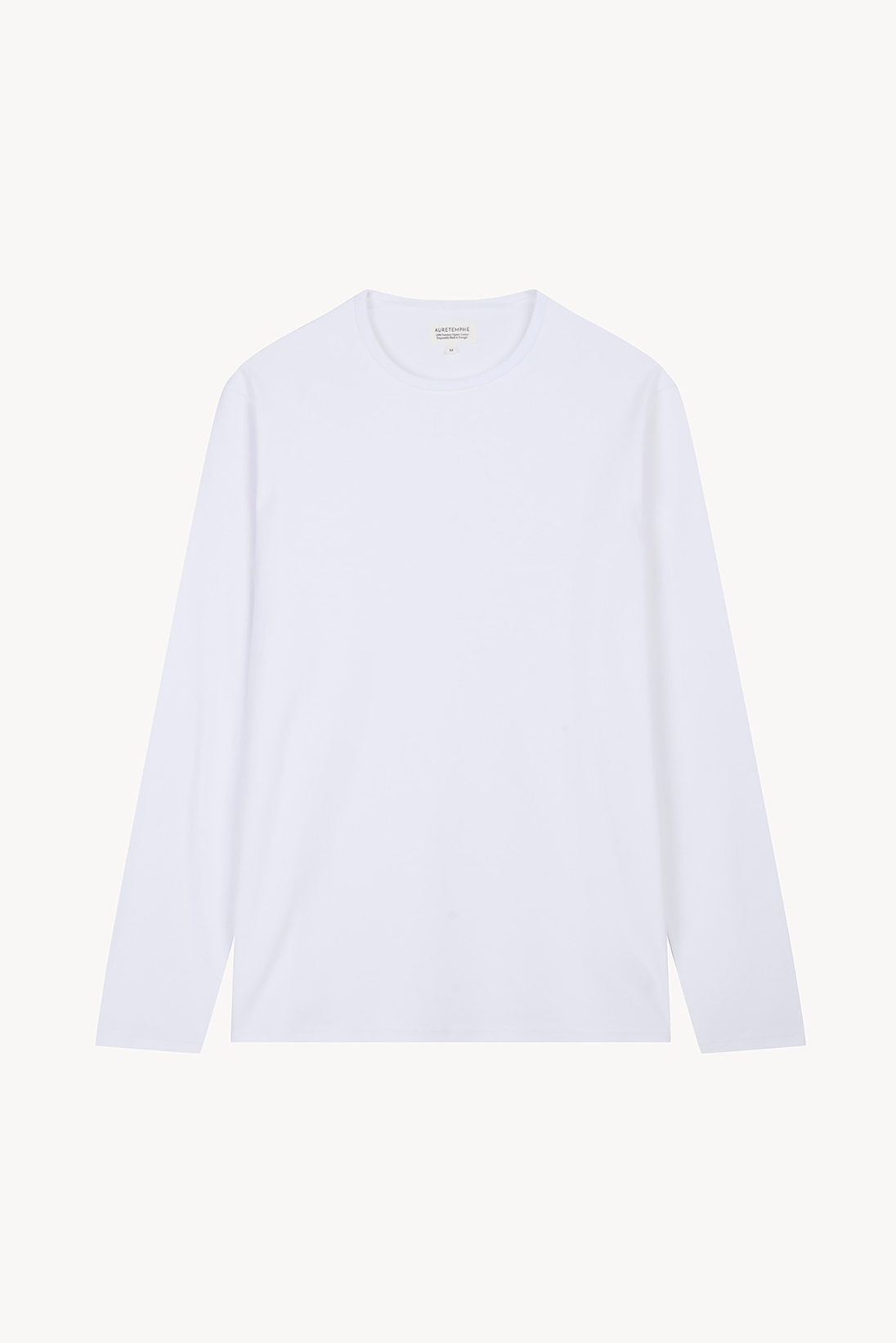 Front view of AURETEMPHE white organic cotton long sleeve t-shirt.