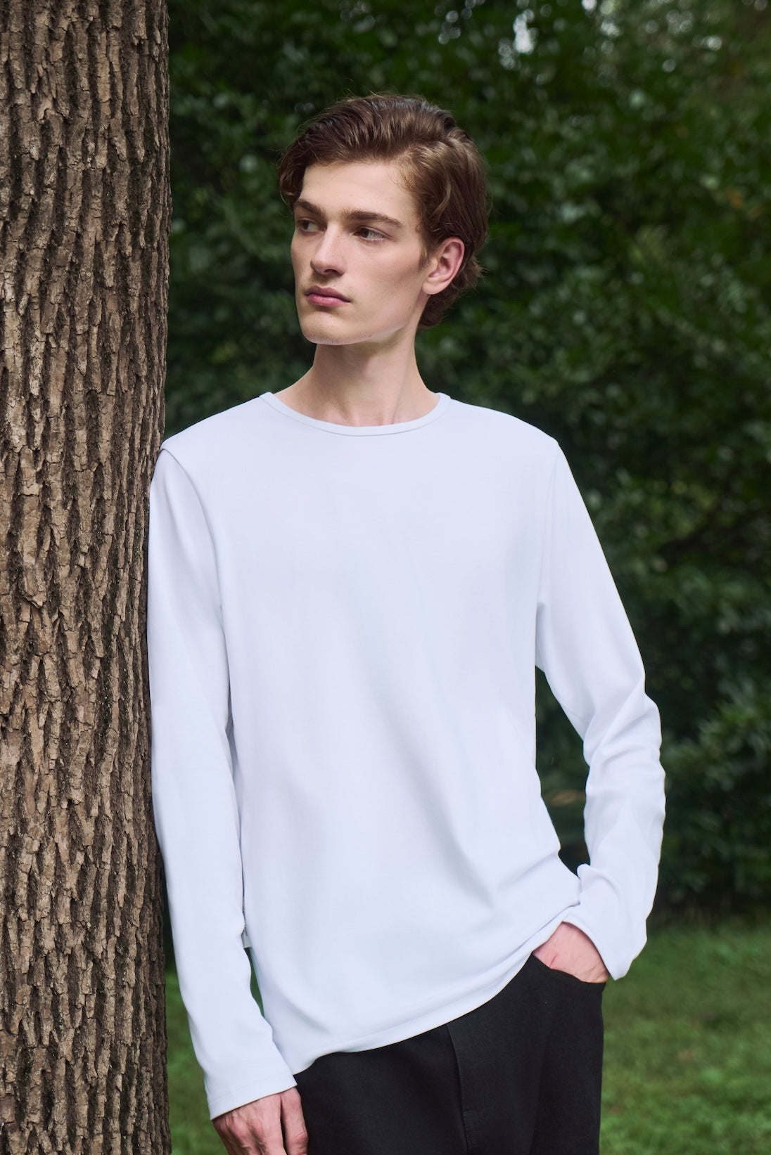 AURETEMPHE long sleeve t-shirt in white organic cotton, unisex fit, shown on male model.