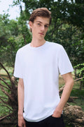 AURETEMPHE short sleeve t-shirt in white organic cotton, unisex fit, shown on male model.