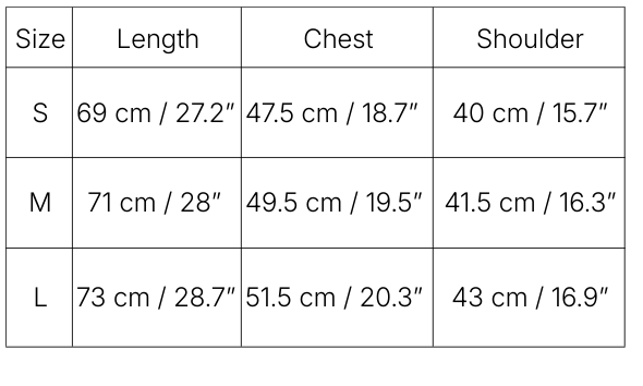 Sentier T-shirt size chart, organic cotton, regular fit measurements
