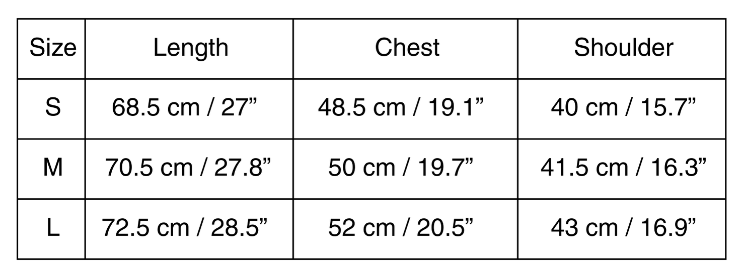 Size chart for Clairière short sleeve T-shirt with detailed measurements of chest, shoulder, body length, and sleeve length.