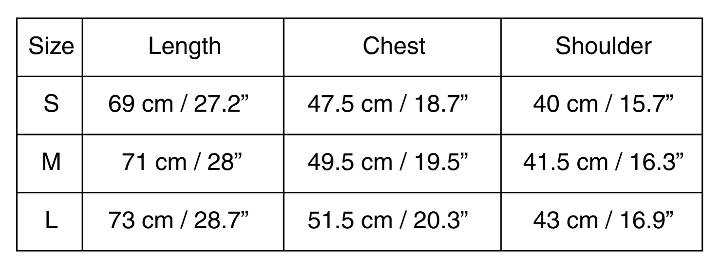 Size chart for Sentier short sleeve T-shirt with detailed measurements of chest, shoulder, body length, and sleeve length.